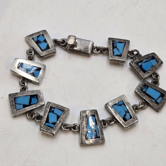 Mexico Sterling Turquoise Inlay Link Bracelet Signed 925 Size 7.5" Geometric - Picture 2 of 4